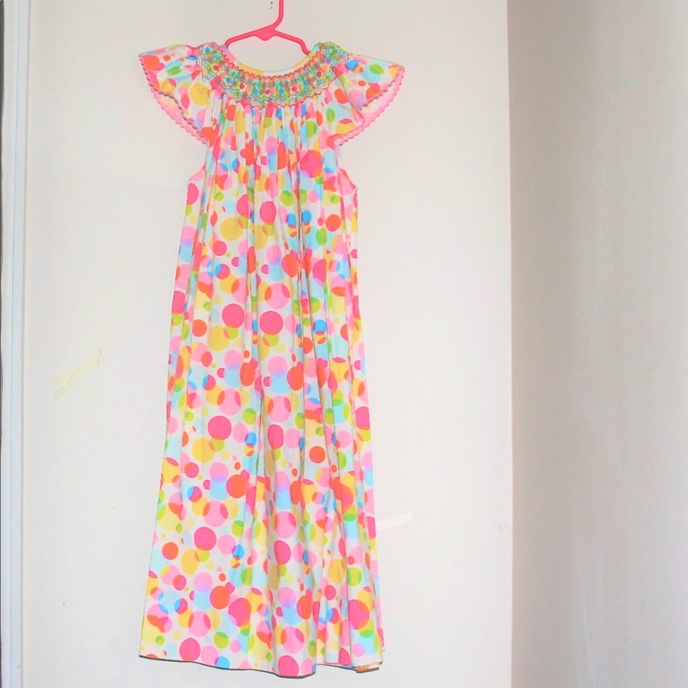 Boutique Smocked Polka Size 6x Pink, White, and Teal polka dot dress.